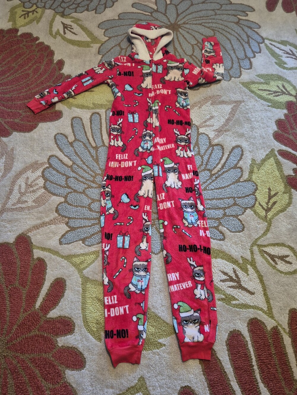 Grumpy Cat Red Fleece One Piece Union Jack Pajamas Womens Size XS